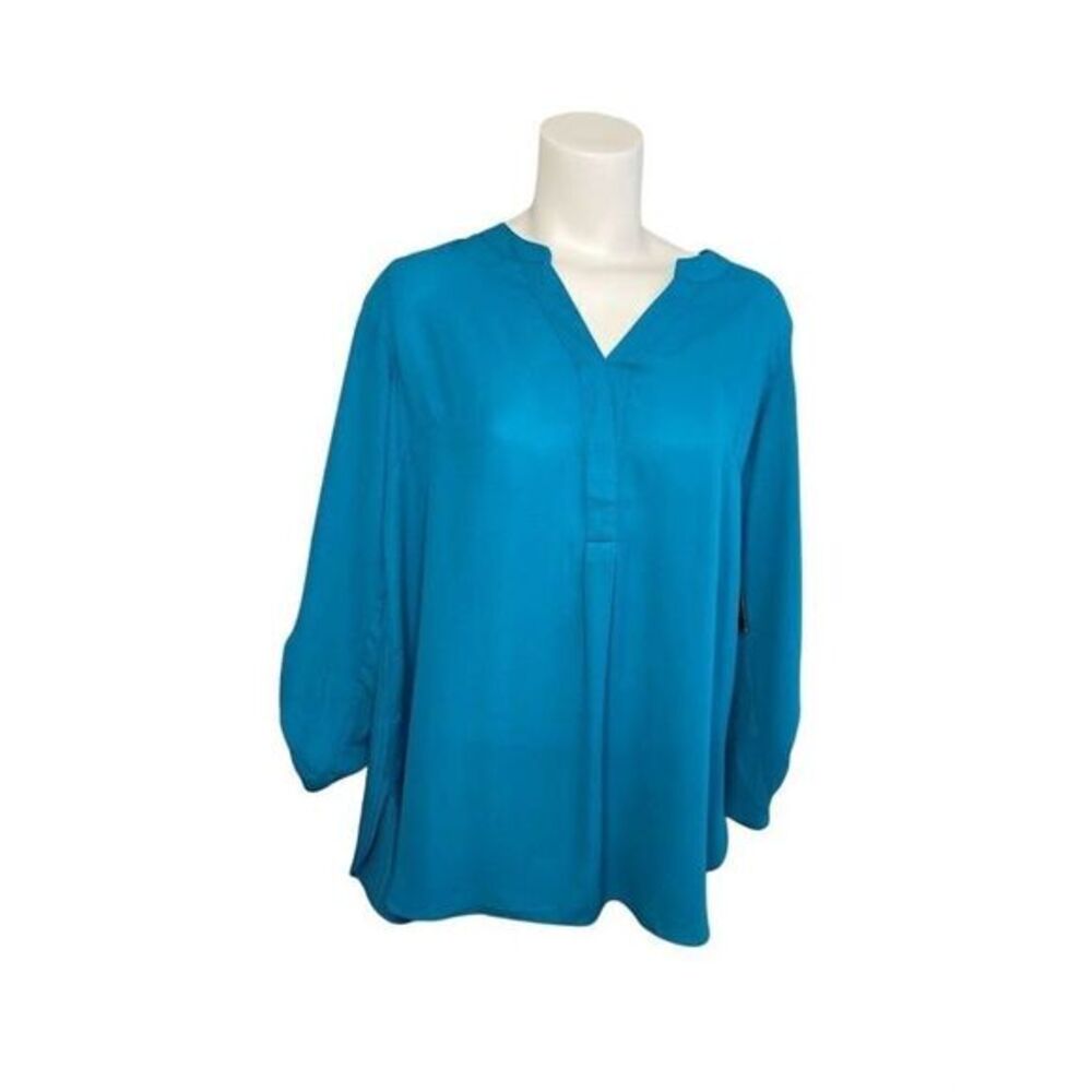 Multiples Blue Chiffon Roll Tab Sleeve Pleated Back Top Small NEW